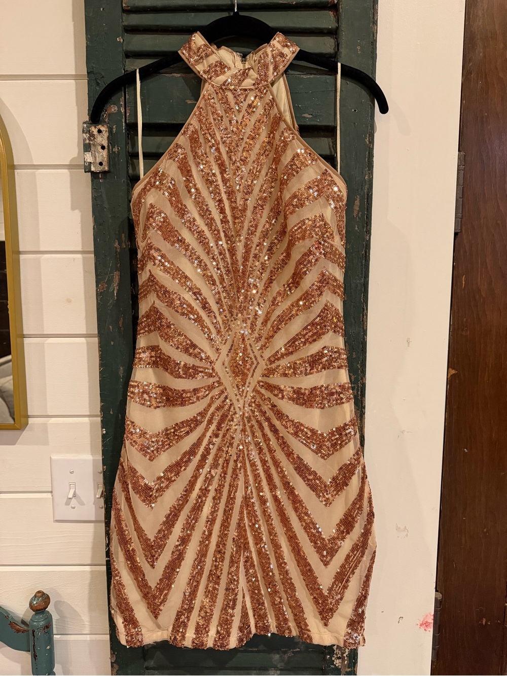 Fashion Nova Rose Gold Sequin Halter Mini Dress
